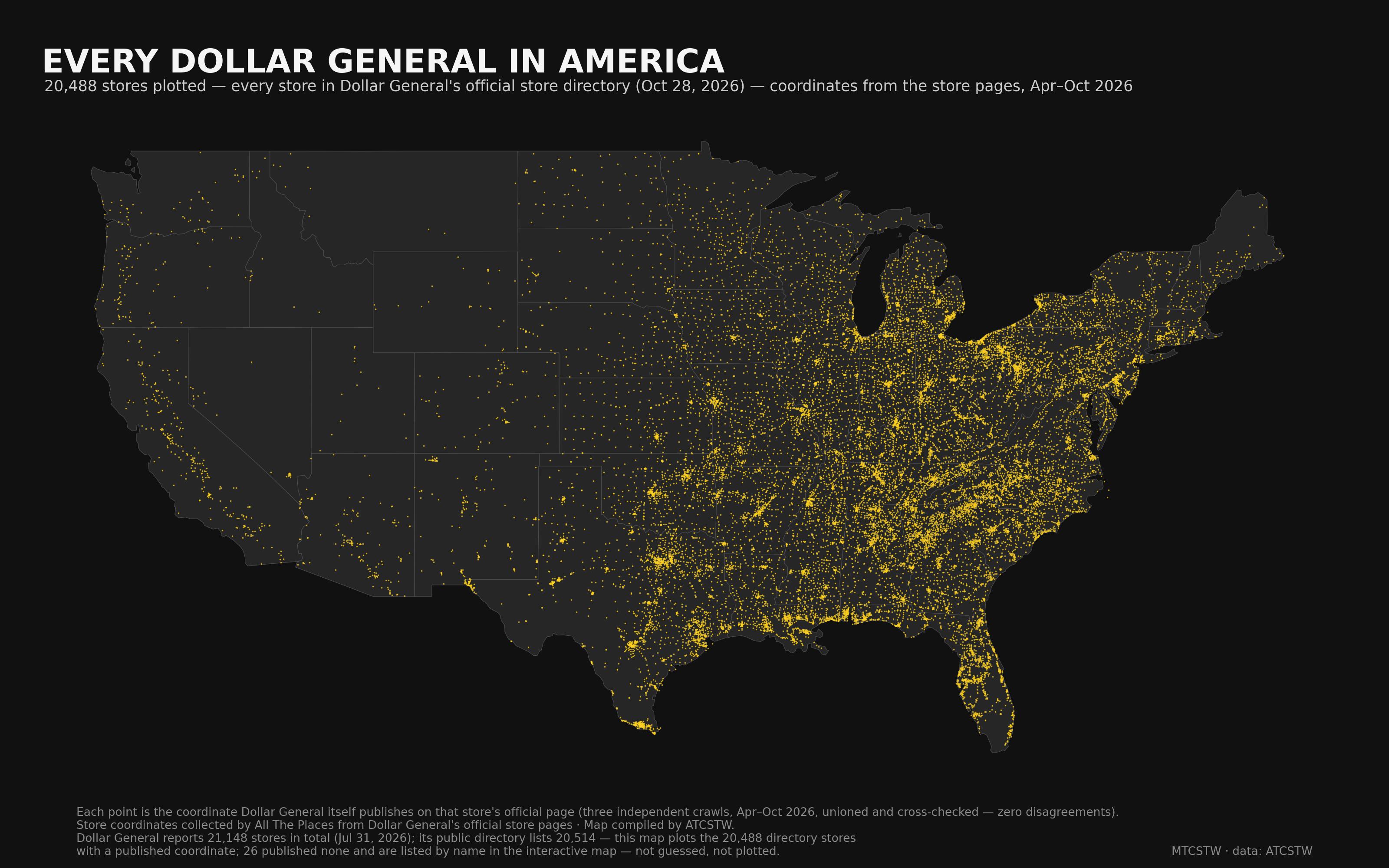 Map of 20,488 Dollar General stores plotted across the United States